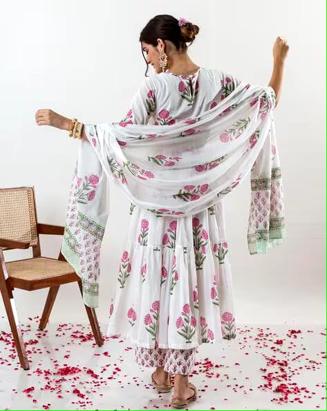 Aaysa Floral Printed Layered Pure Cotton Anarkali Kurta With Trousers And Dupatta