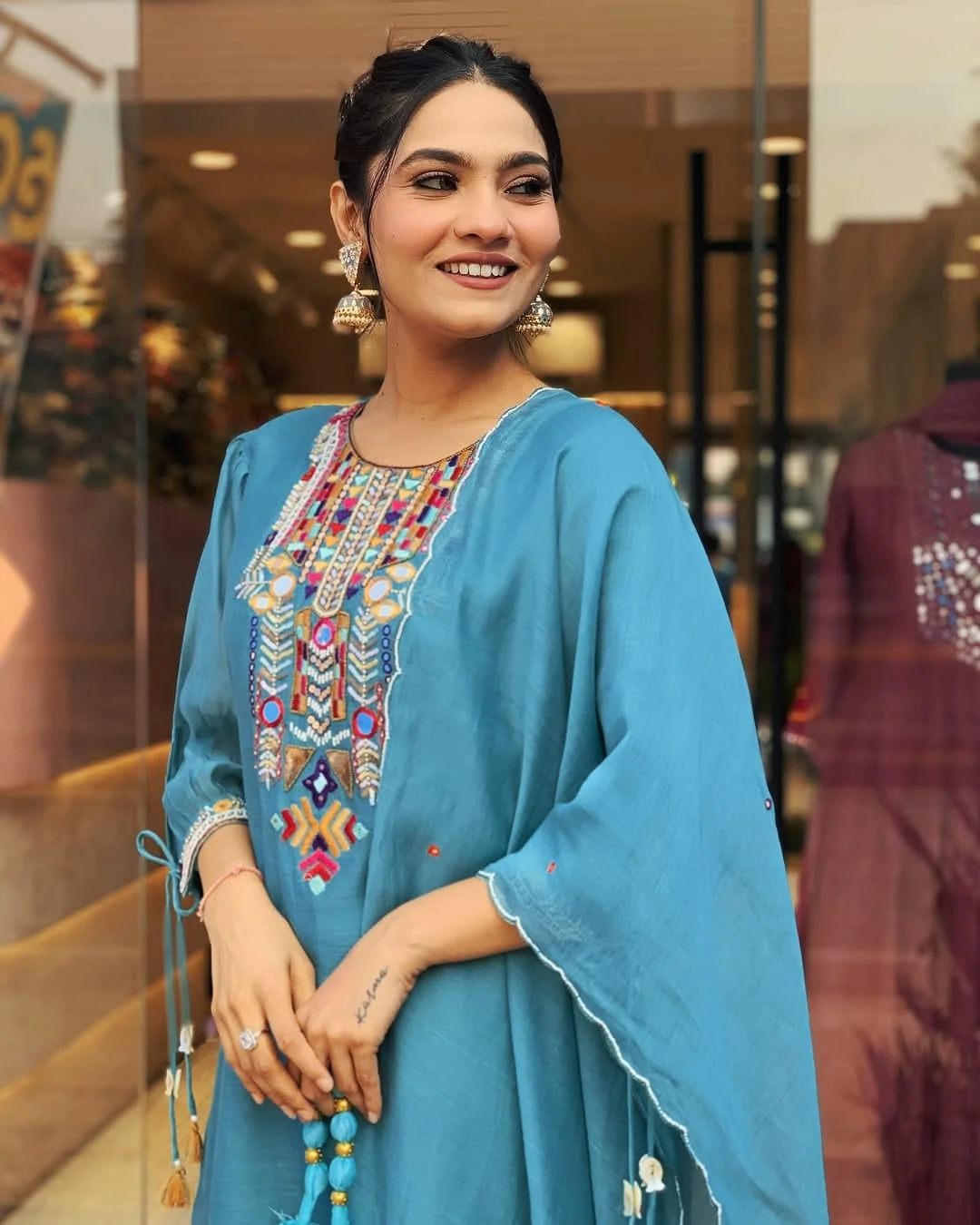 Aaysa Women Chanderi Silk Floral Embroidered Mirror Work A-Line Kurta, Trouser With Dupatta (Blue)
