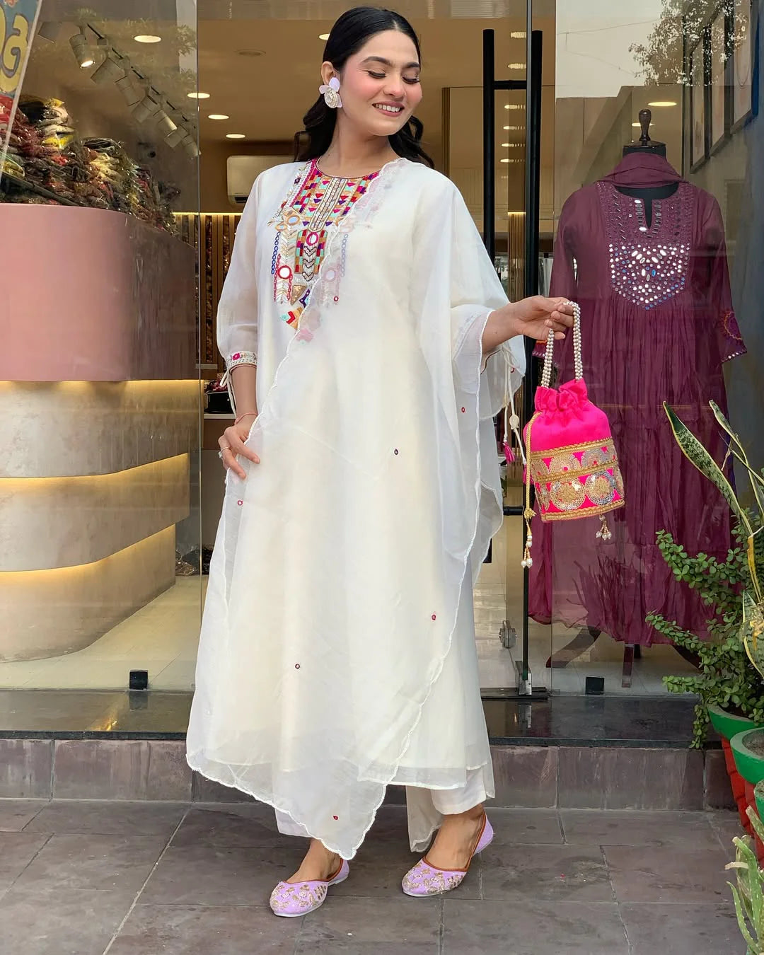 Aaysa Women Chanderi Silk Floral Embroidered Mirror Work A-Line Kurta, Trouser With Dupatta (White)