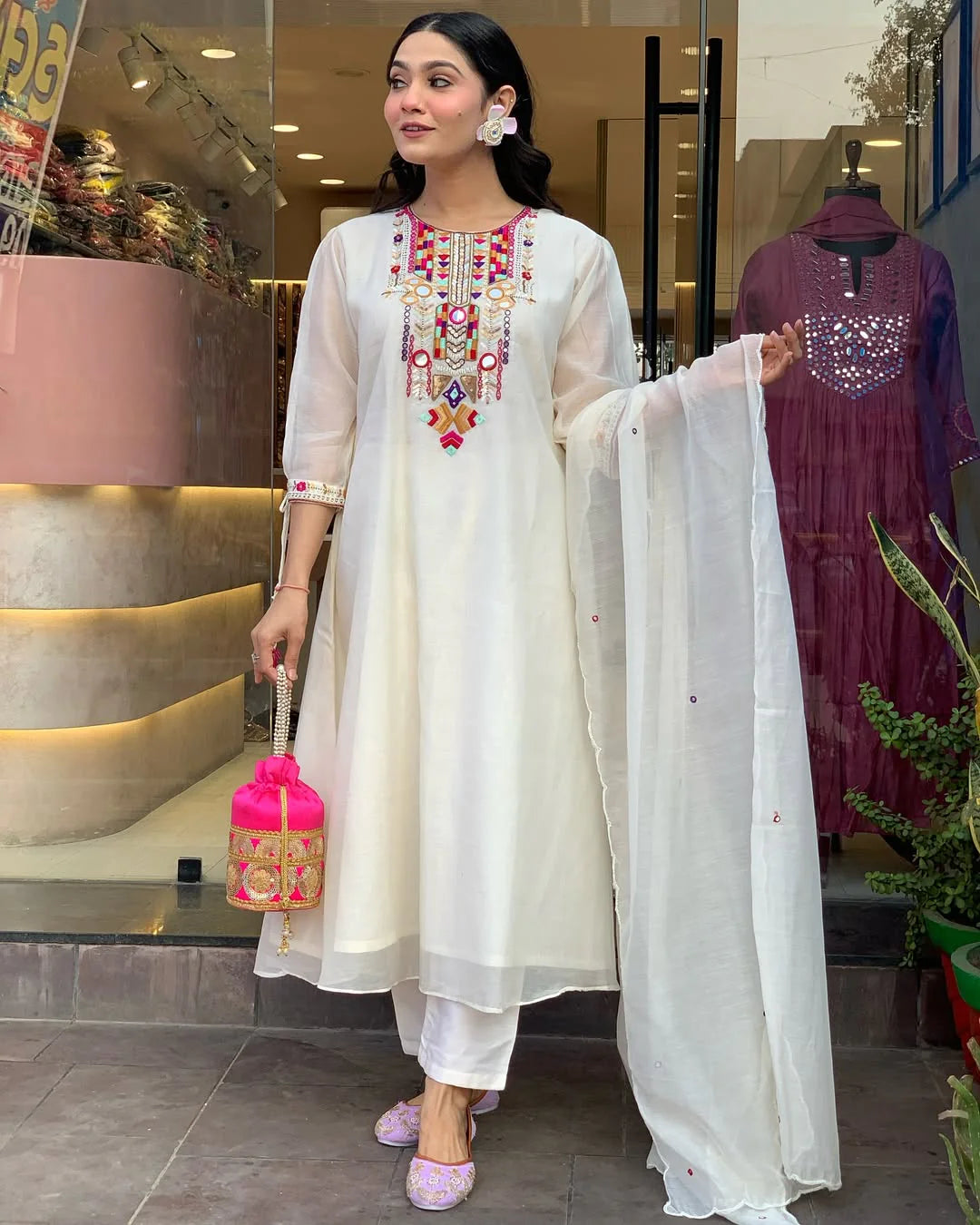 Aaysa Women Chanderi Silk Floral Embroidered Mirror Work A-Line Kurta, Trouser With Dupatta (White)
