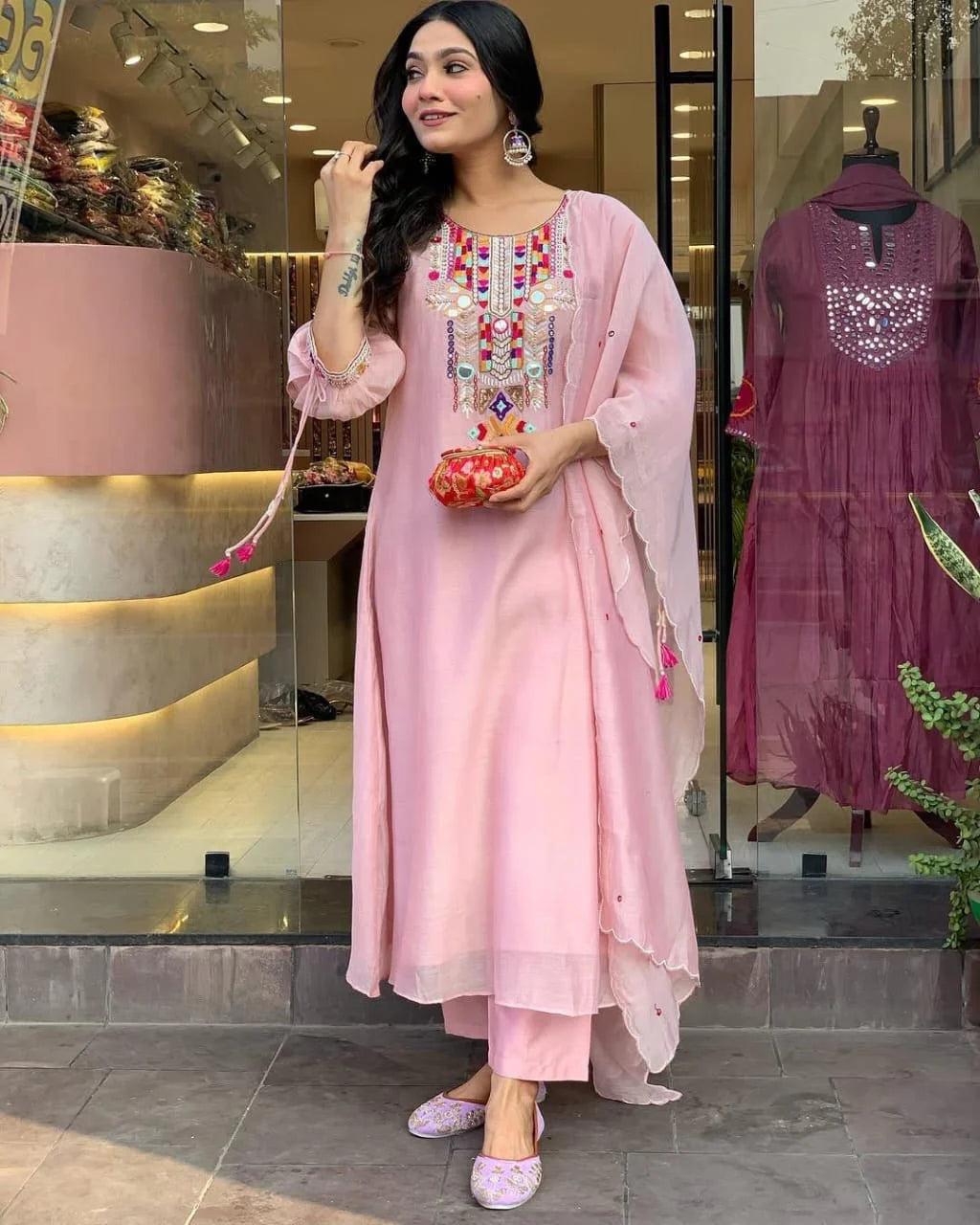 Aaysa Women Chanderi Silk Floral Embroidered Mirror Work A-Line Kurta, Trouser With Dupatta