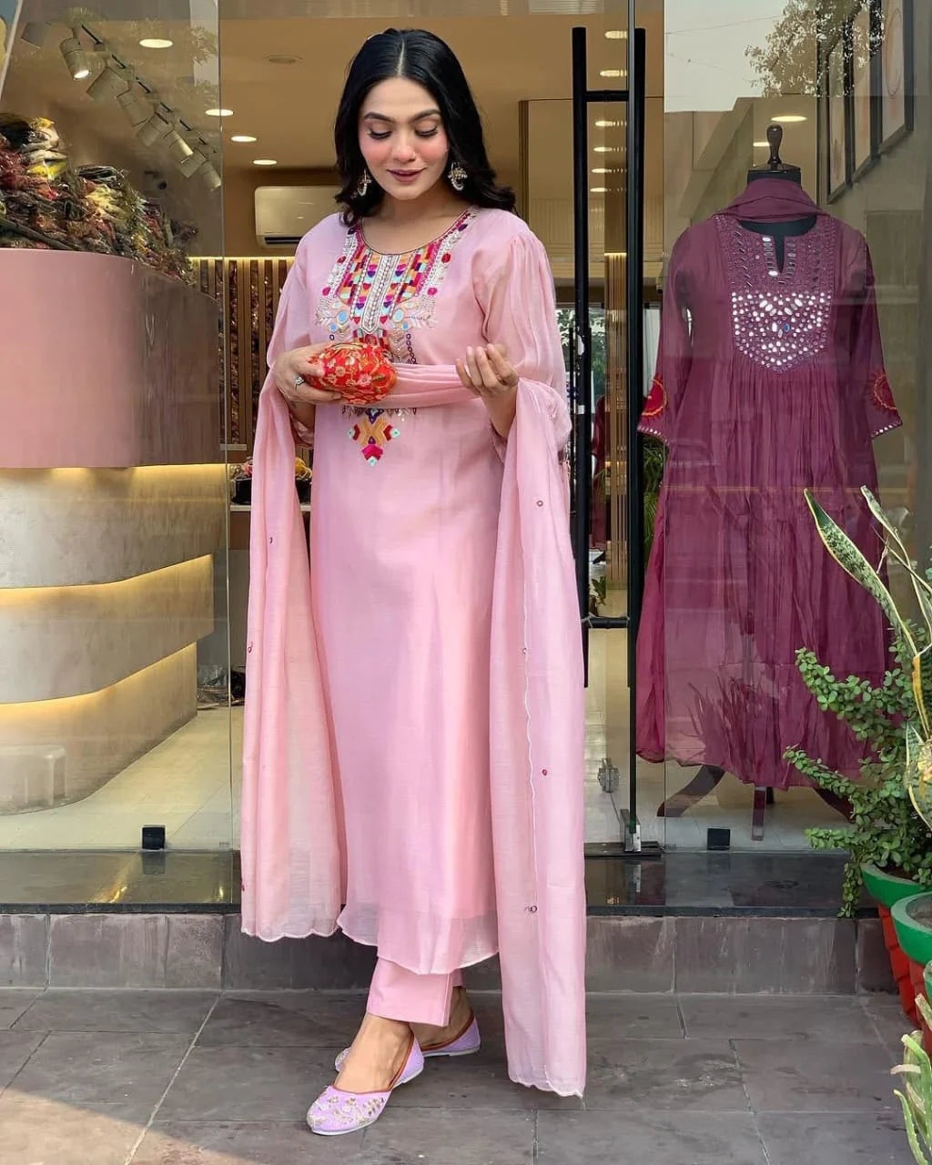 Aaysa Women Chanderi Silk Floral Embroidered Mirror Work A-Line Kurta, Trouser With Dupatta