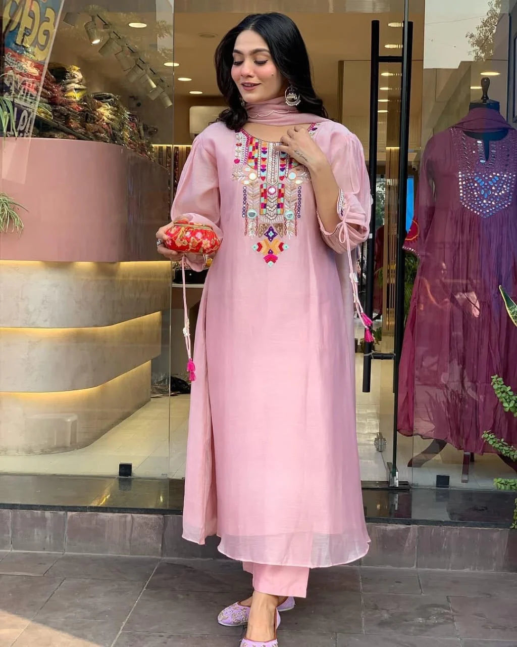 Aaysa Women Chanderi Silk Floral Embroidered Mirror Work A-Line Kurta, Trouser With Dupatta