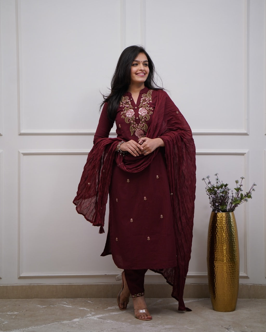 Aaysa Women Floral Pure Cotton Kurta with Trousers & With Dupatta Set