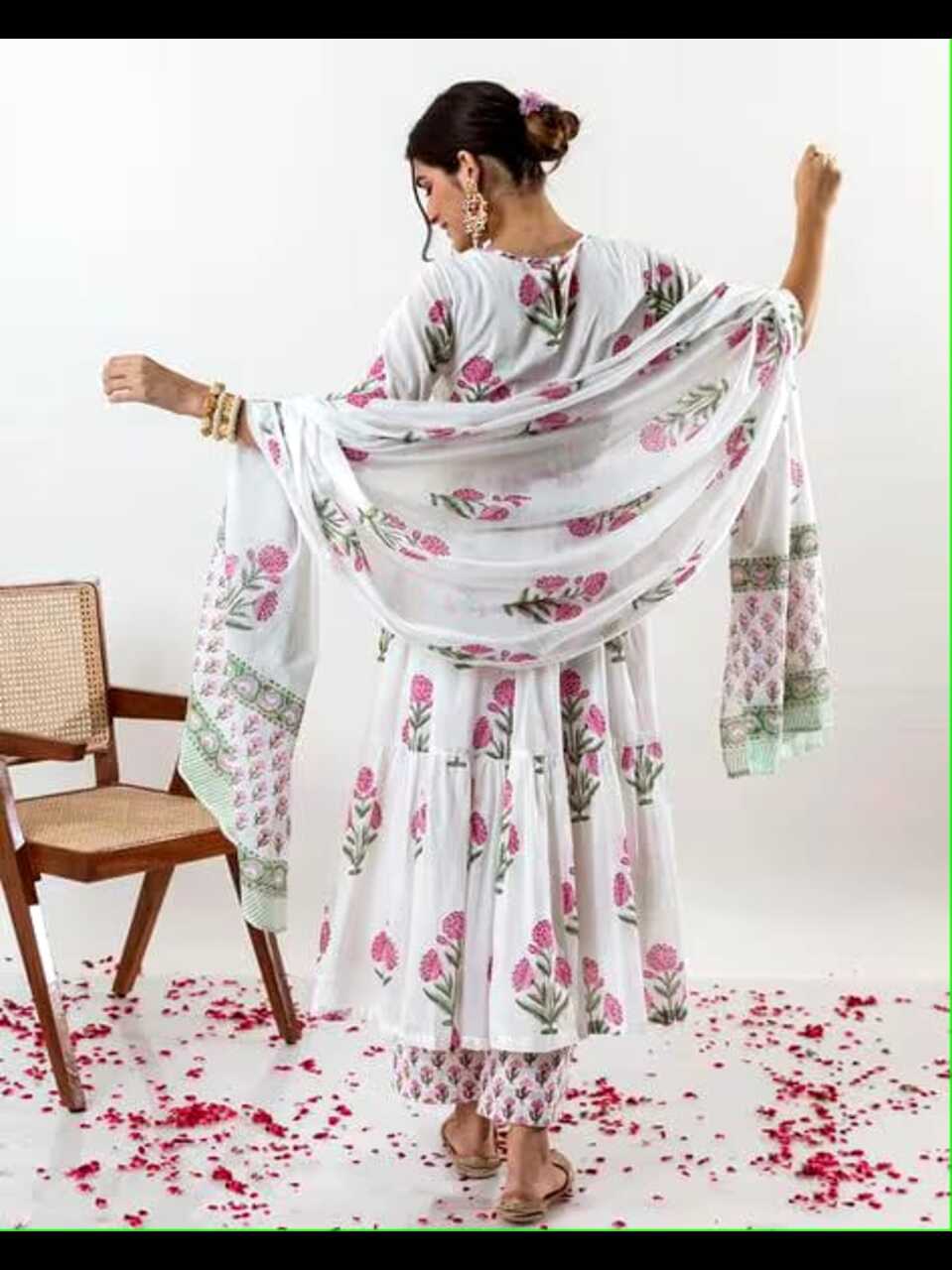 Aaysa Floral Printed Layered Pure Cotton Anarkali Kurta With Trousers And Dupatta