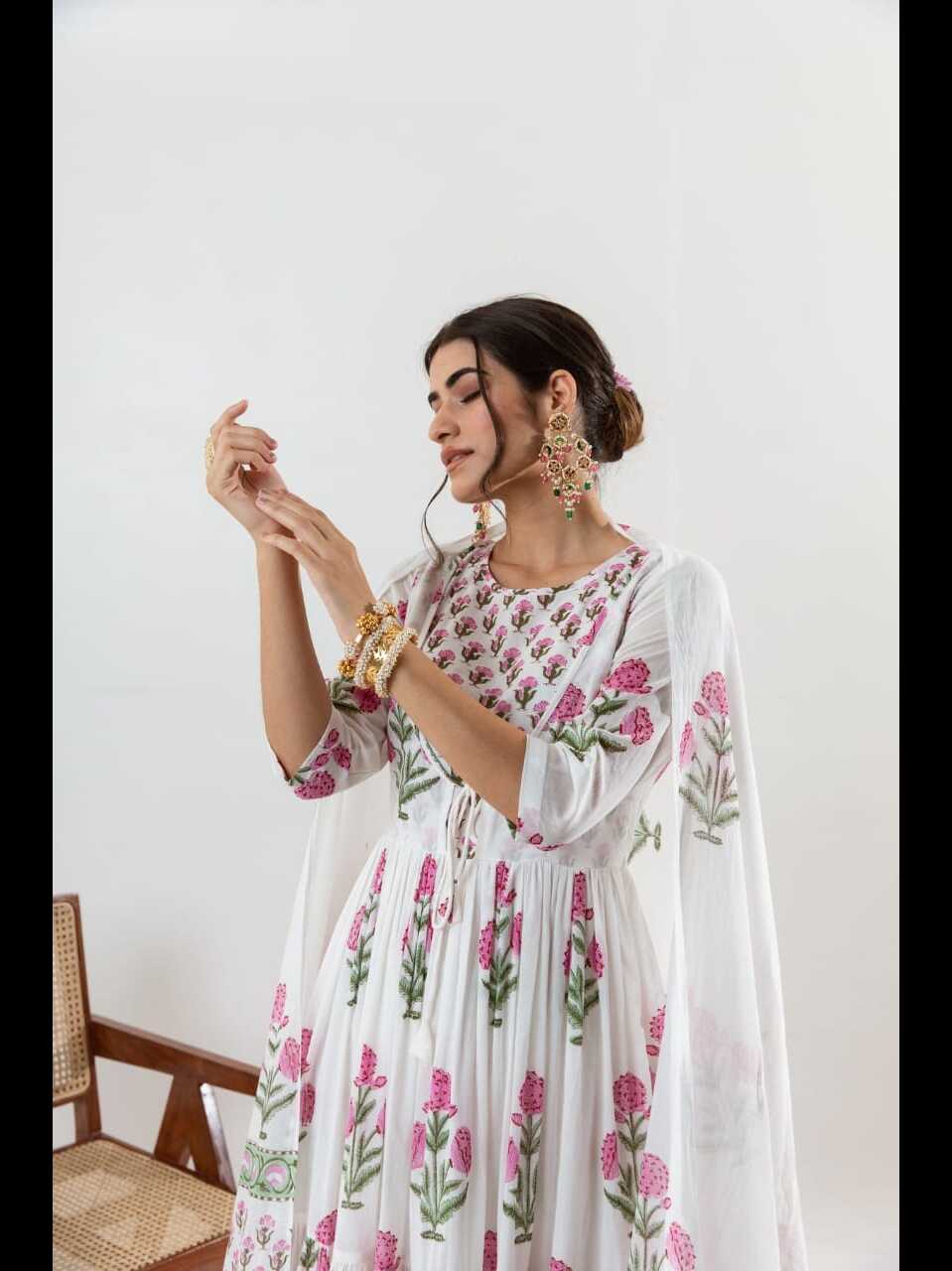 Aaysa Floral Printed Layered Pure Cotton Anarkali Kurta With Trousers And Dupatta