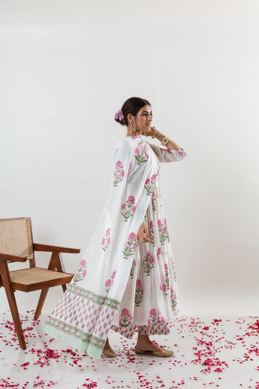 Aaysa Floral Printed Layered Pure Cotton Anarkali Kurta With Trousers And Dupatta