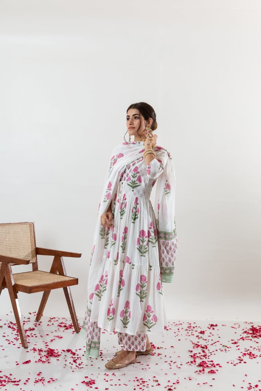 Aaysa Floral Printed Layered Pure Cotton Anarkali Kurta With Trousers And Dupatta