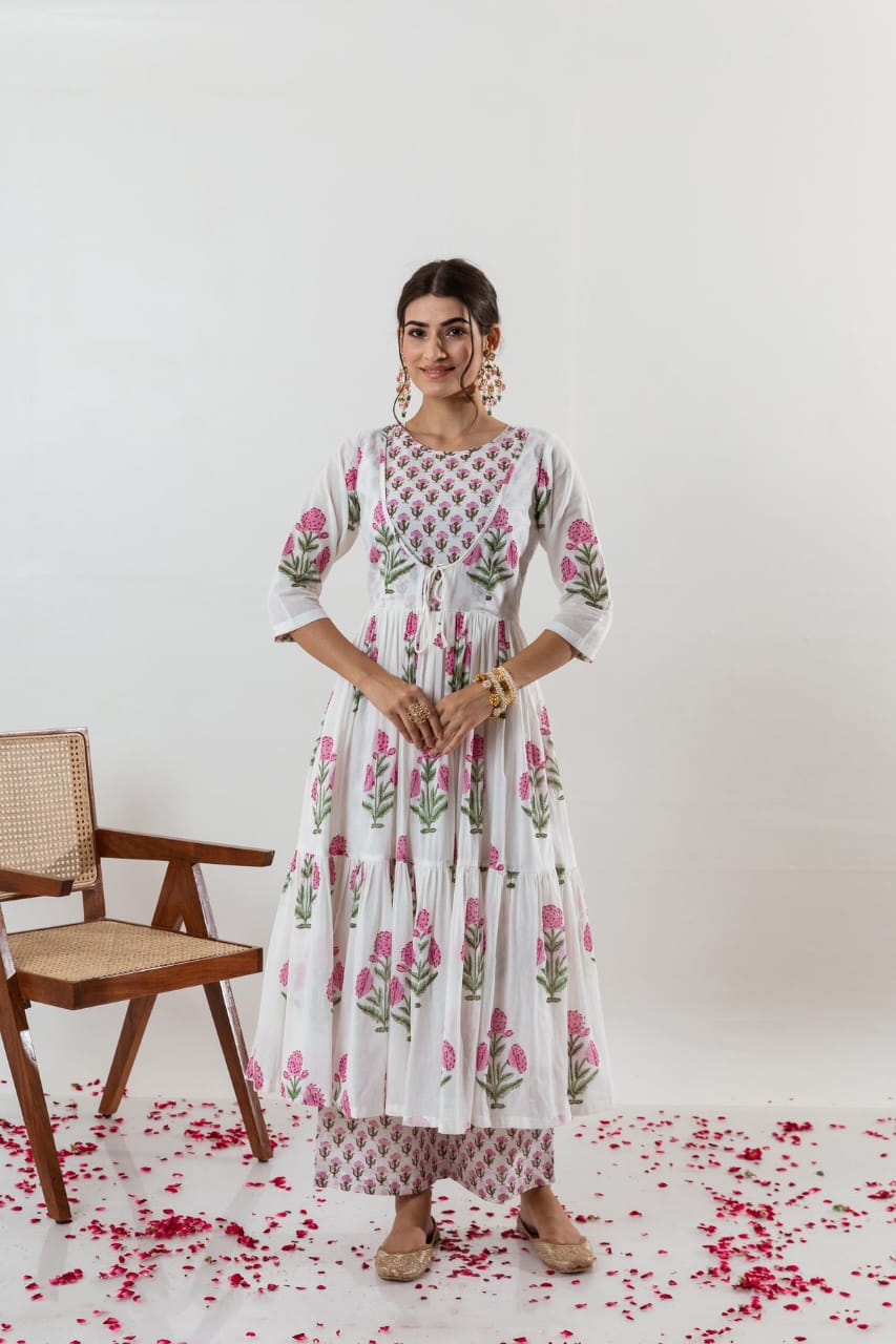 Aaysa Floral Printed Layered Pure Cotton Anarkali Kurta With Trousers And Dupatta