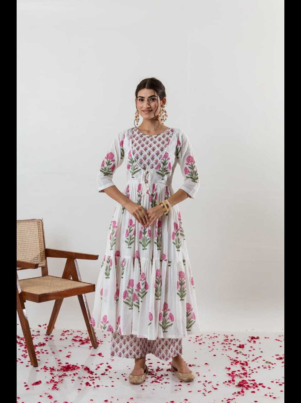 Aaysa Floral Printed Layered Pure Cotton Anarkali Kurta With Trousers And Dupatta