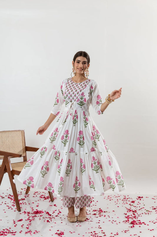 Aaysa Floral Printed Layered Pure Cotton Anarkali Kurta With Trousers And Dupatta