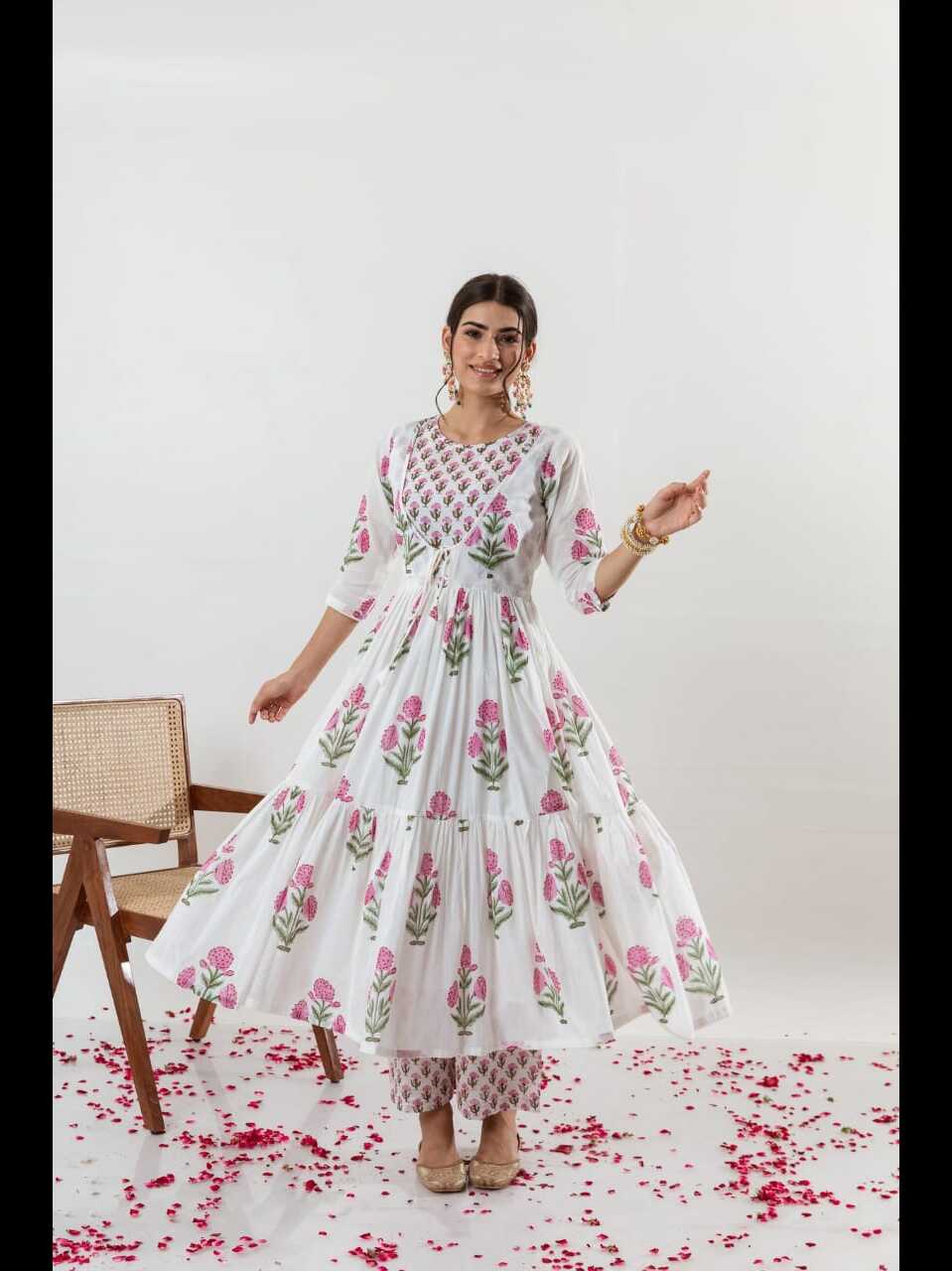 Aaysa Floral Printed Layered Pure Cotton Anarkali Kurta With Trousers And Dupatta