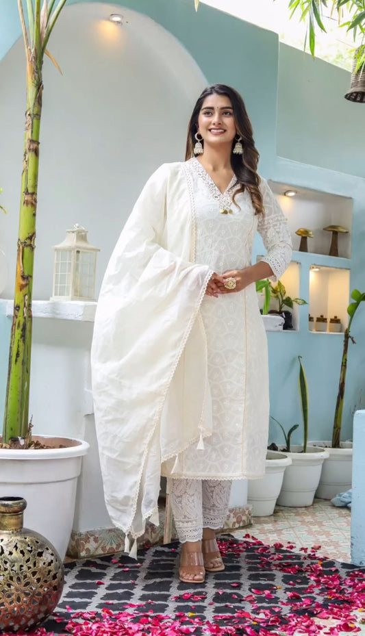 Aaysa Embroidered Layered Pure Cotton Anarkali Kurta With Trousers And Dupatta