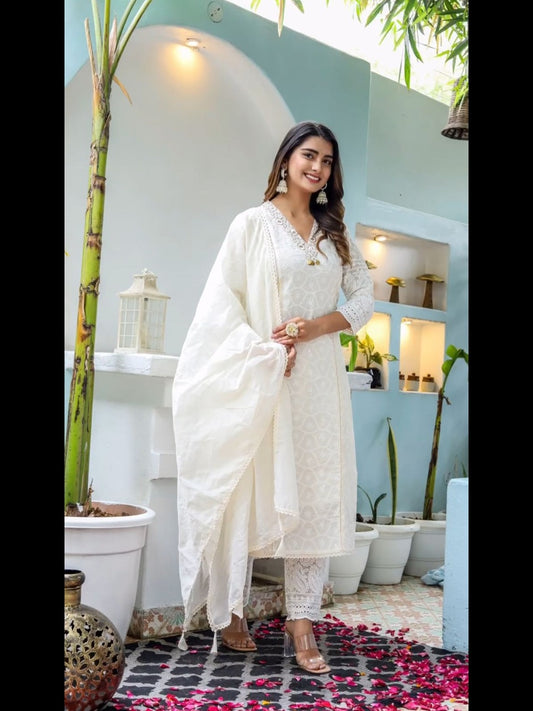 Aaysa Embroidered Layered Pure Cotton Anarkali Kurta With Trousers And Dupatta