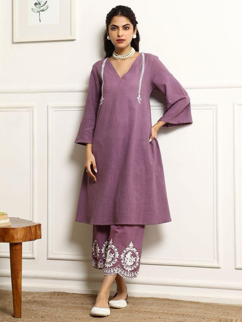 Aaysa V-Neck Pin Tucks Thread Work Pure Cotton A-Line Kurta With Palazzo And Dupatta