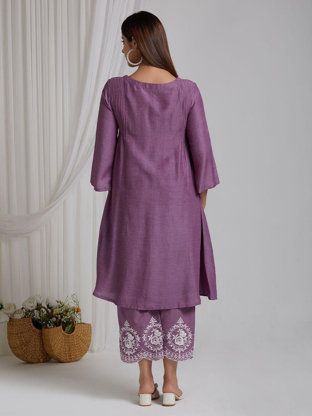 Aaysa V-Neck Pin Tucks Thread Work Pure Cotton A-Line Kurta With Palazzo And Dupatta