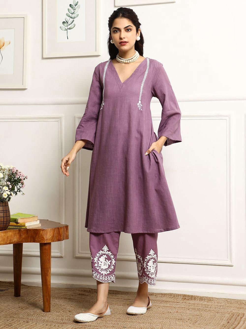 Aaysa V-Neck Pin Tucks Thread Work Pure Cotton A-Line Kurta With Palazzo And Dupatta