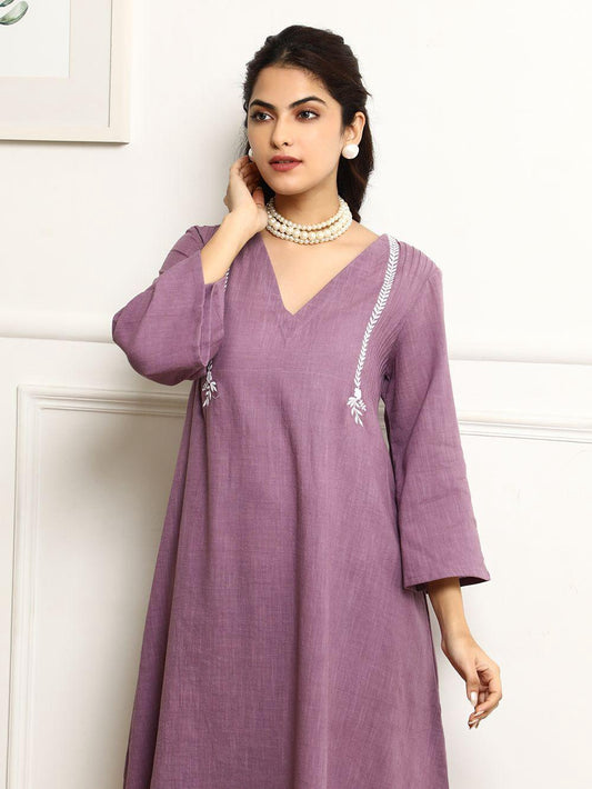 Aaysa V-Neck Pin Tucks Thread Work Pure Cotton A-Line Kurta With Palazzo And Dupatta