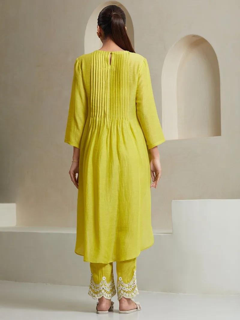 Aaysa Pin Tucks Pure Cotton A-Line Kurta With Trouser And Dupatta Set