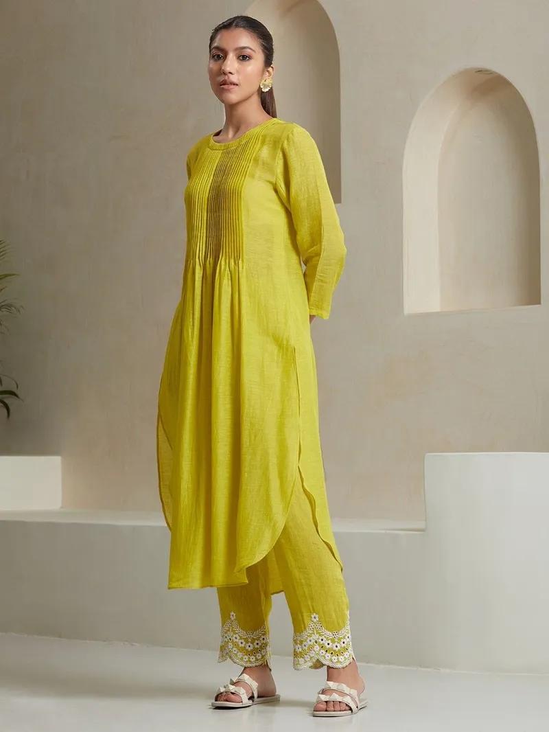 Aaysa Pin Tucks Pure Cotton A-Line Kurta With Trouser And Dupatta Set