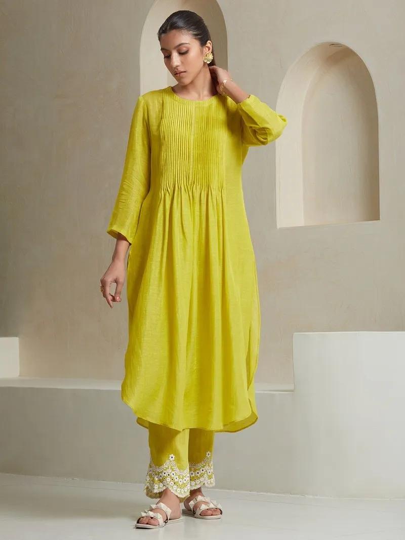 Aaysa Pin Tucks Pure Cotton A-Line Kurta With Trouser And Dupatta Set