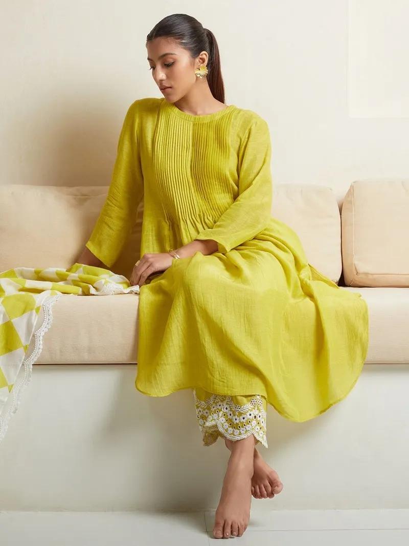 Aaysa Pin Tucks Pure Cotton A-Line Kurta With Trouser And Dupatta Set
