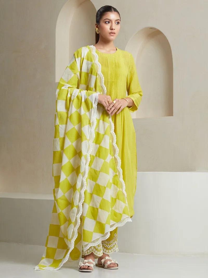 Aaysa Pin Tucks Pure Cotton A-Line Kurta With Trouser And Dupatta Set