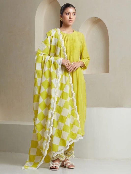 Aaysa Pin Tucks Pure Cotton A-Line Kurta With Trouser And Dupatta Set