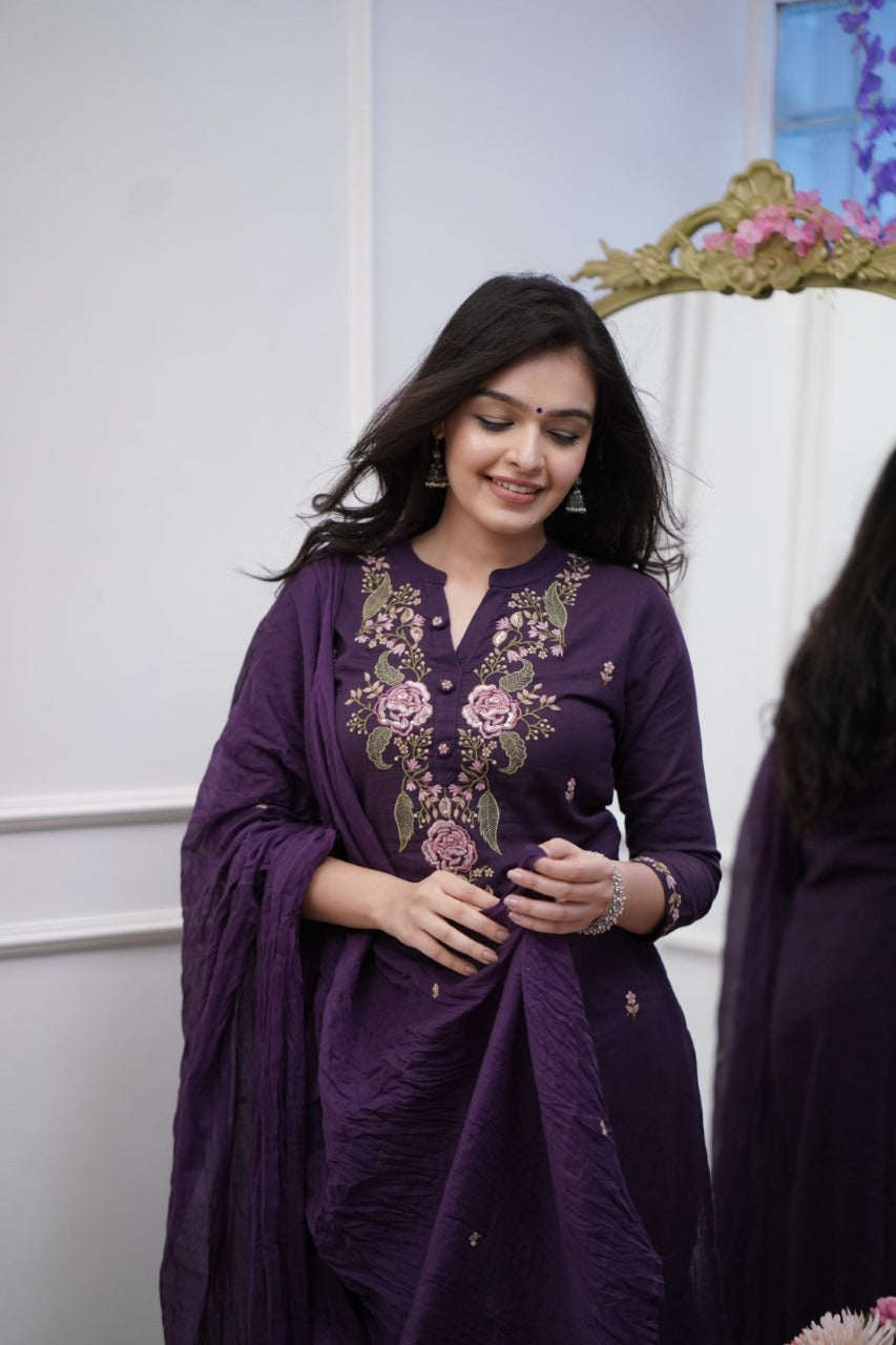 Aaysa Women Floral Pure Cotton Kurta with Trousers & With Dupatta Set