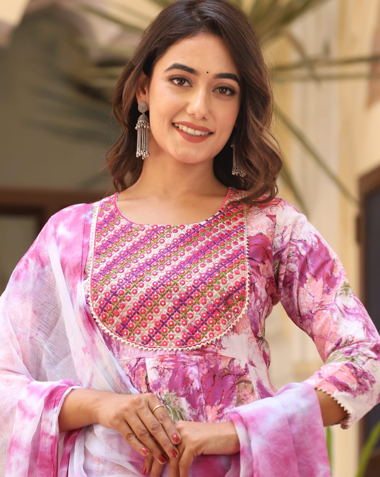 Aaysa Floral Printed Thread Work Round Neck Anarkali Kurta With Trousers & Dupatta