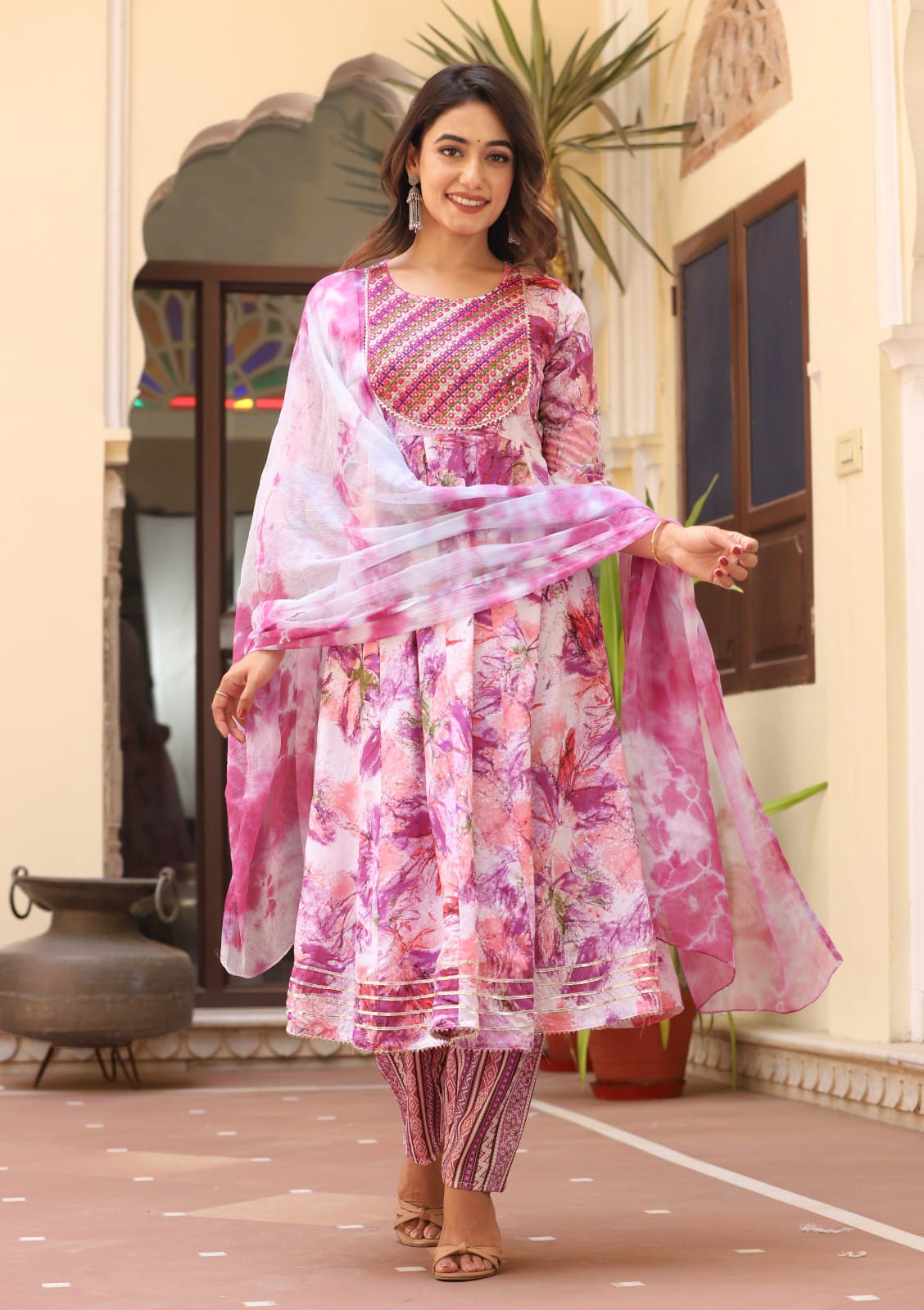Aaysa Floral Printed Thread Work Round Neck Anarkali Kurta With Trousers & Dupatta