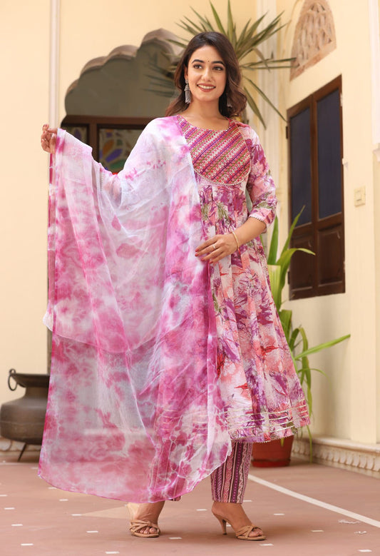 Aaysa Floral Printed Thread Work Round Neck Anarkali Kurta With Trousers & Dupatta