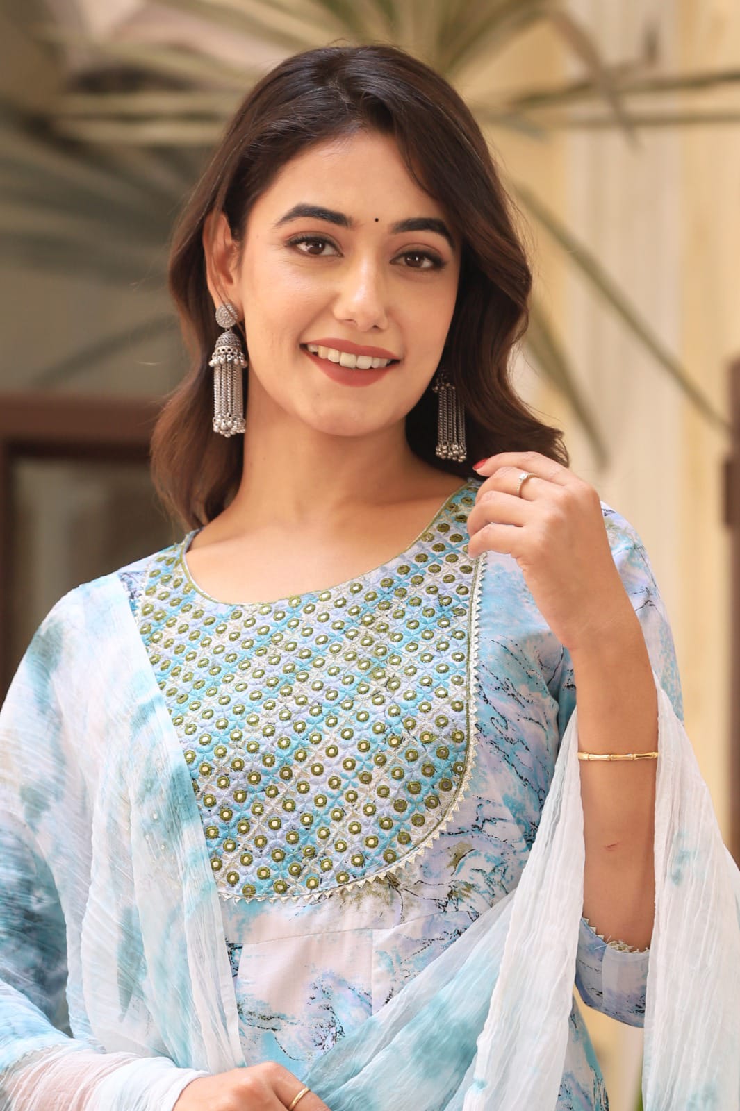 Aaysa Floral Printed Thread Work Round Neck Anarkali Kurta With Trousers & Dupatta