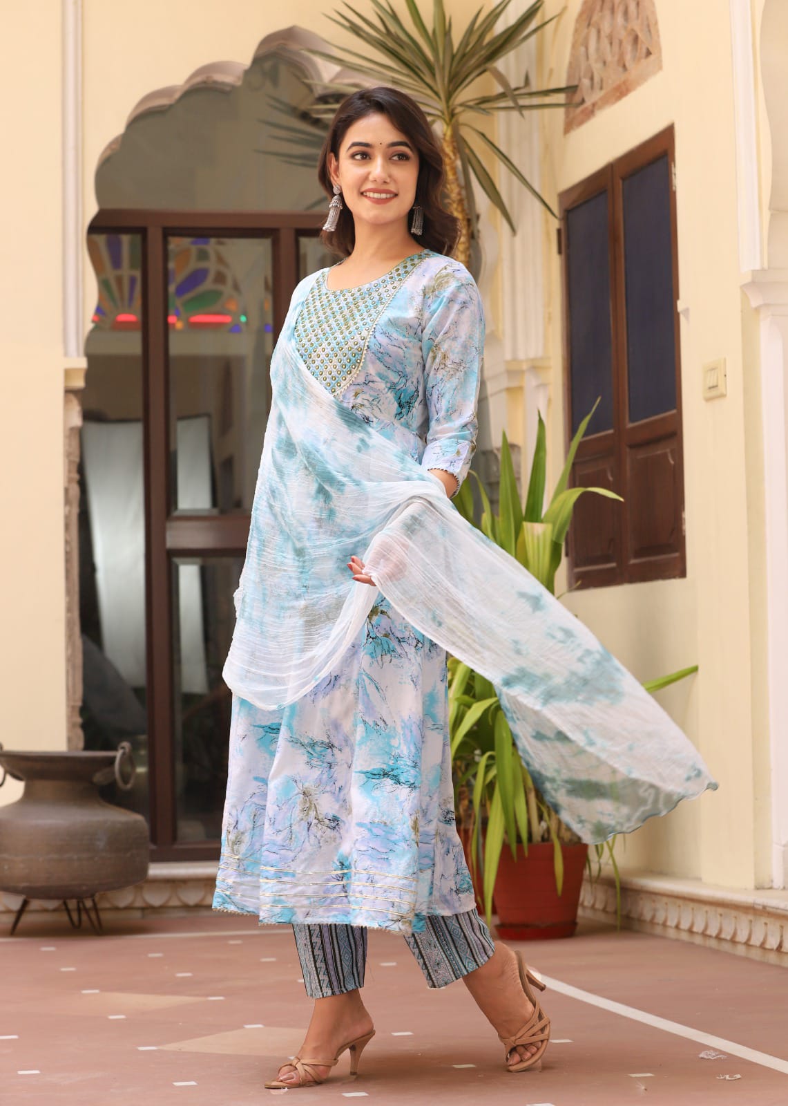 Aaysa Floral Printed Thread Work Round Neck Anarkali Kurta With Trousers & Dupatta