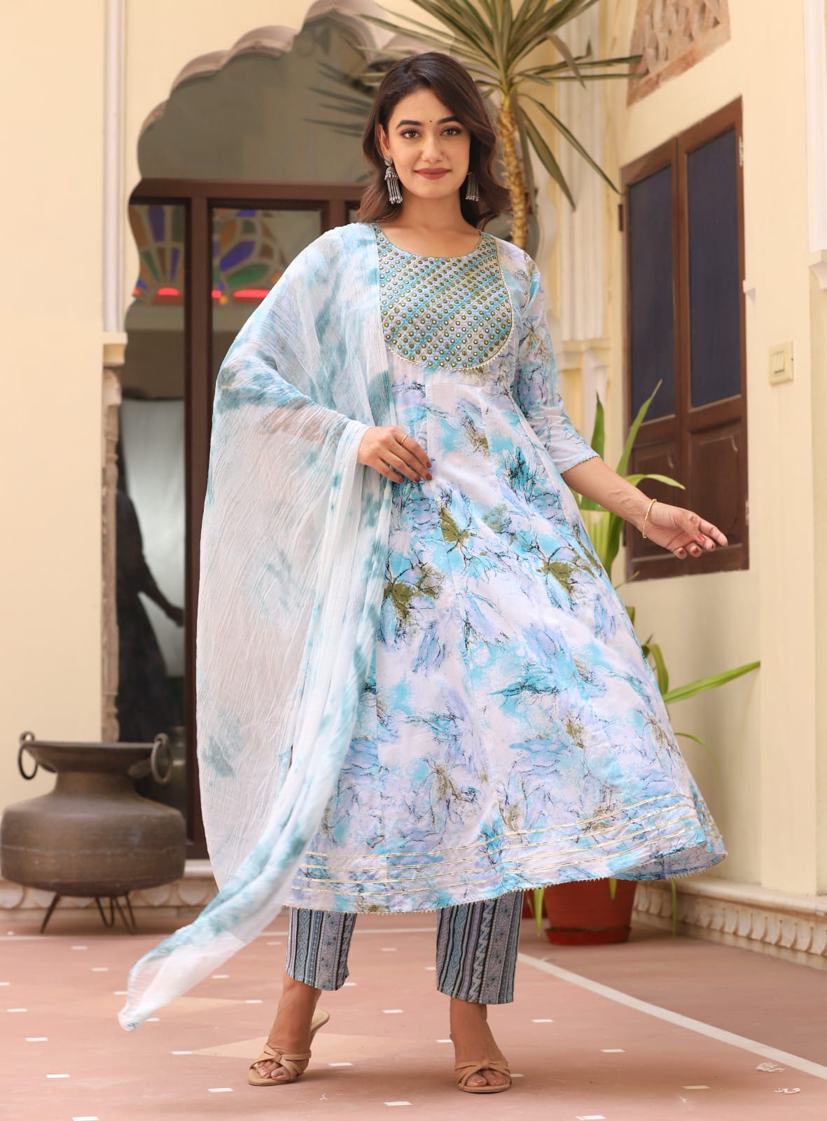 Aaysa Floral Printed Thread Work Round Neck Anarkali Kurta With Trousers & Dupatta