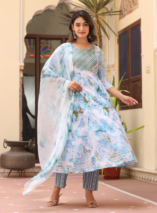 Aaysa Floral Printed Thread Work Round Neck Anarkali Kurta With Trousers & Dupatta