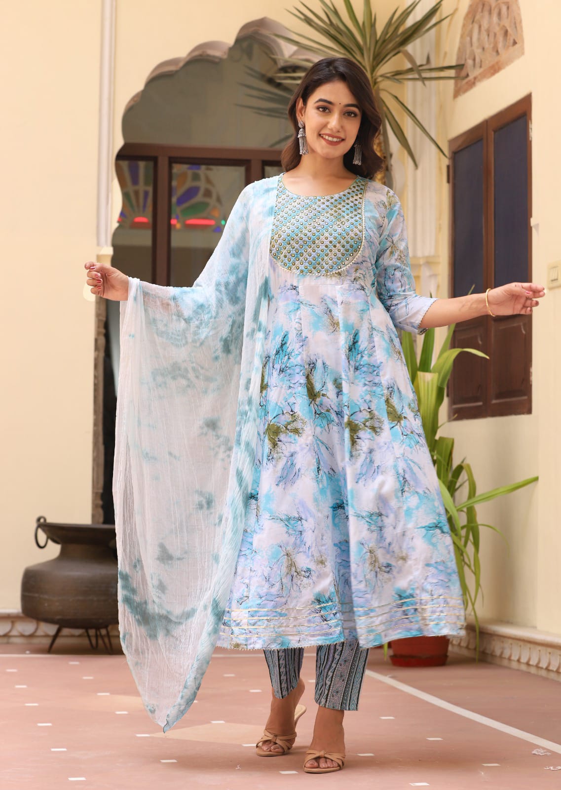 Aaysa Floral Printed Thread Work Round Neck Anarkali Kurta With Trousers & Dupatta