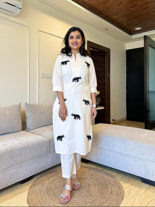 Aaysa Embroidered Pure Cotton V-Neck Top With Trousers Co-Ords