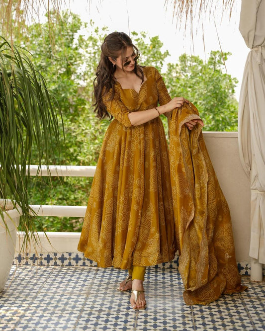 Aaysa Women Bandhani Printed Pure Cotton Anarkali Kurta with Trousers & With Dupatta