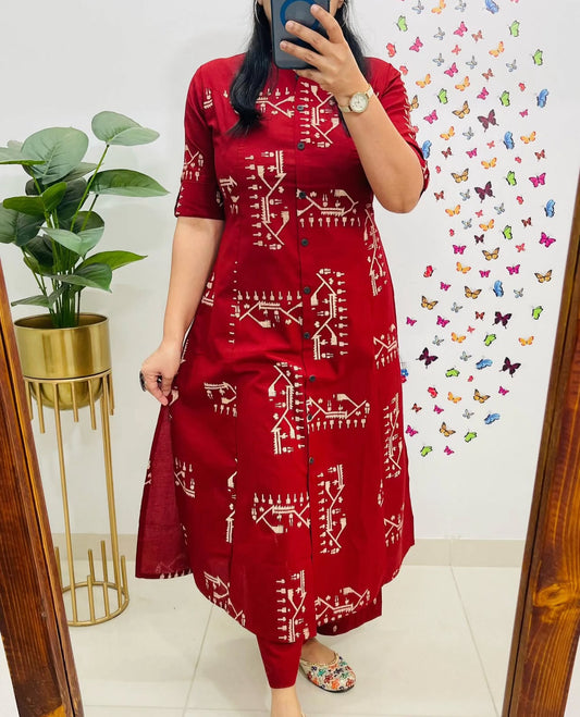 Aaysa Floral Printed Round Neck Pure Cotton Straight Kurta with Trousers
